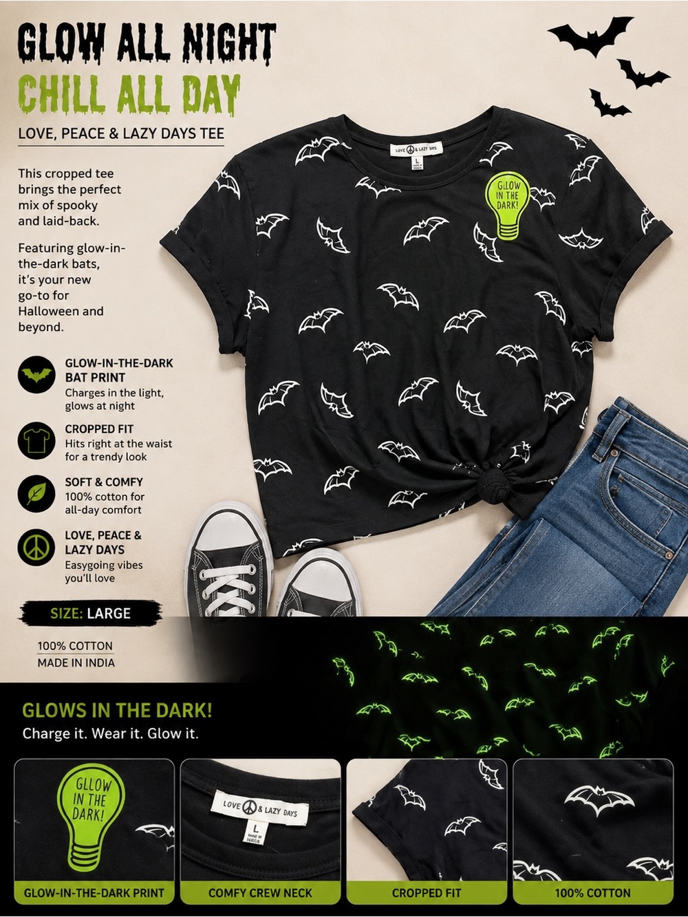 Love & Lazy Days Women's Black Glow-in-the-Dark Bat Cropped Tee
